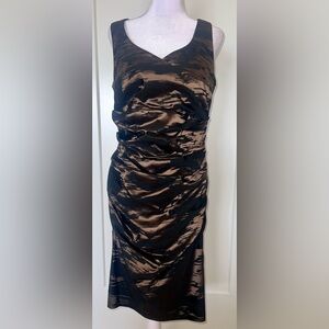 VERA MONT bronze and black ruched knee length taffeta cocktail dress, size 10